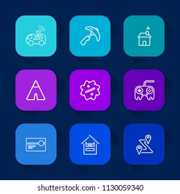 Modern, simple vector icon set on colorful long shadow backgrounds with work, gps, camp, navigation, equipment, music, location, transportation, stereo, audio, estate, house, route, vehicle icons.