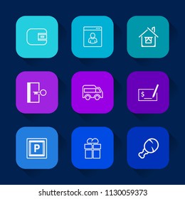Modern, simple vector icon set on colorful long shadow backgrounds with vehicle, payment, property, money, social, person, finance, architecture, highway, internet, present, meal, snack, cash icons.