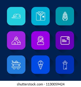 Modern, simple vector icon set on colorful long shadow backgrounds with ice, office, tower, room, template, lantern, center, oil, cap, construction, cotton, service, old, front, bed, ball, hat icons.