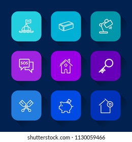Modern, simple vector icon set on colorful long shadow backgrounds with water, finance, canoe, landlord, lamp, investment, decoration, rescue, help, security, table, coin, paddle, house, circle icons.