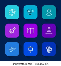 Modern, simple vector icon set on colorful long shadow backgrounds with , human, education, technology, plug, war, blowing, person, social, astronaut, open, air, delete, weapon, grenade, space icons.
