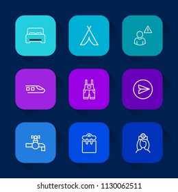 Modern, simple vector icon set on colorful long shadow backgrounds with clothing, tent, doctor, railway, sink, web, nurse, white, train, network, interior, uniform, wear, outdoor, online, phone icons.