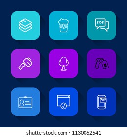 Modern, simple vector icon set on colorful long shadow backgrounds with nature, emergency, construction, network, key, forest, environment, beverage, espresso, hammer, information, internet, id icons.