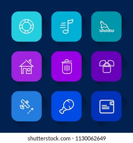 Modern, simple vector icon set on colorful long shadow backgrounds with trash, holiday, bin, plane, business, fashion, music, pool, inflatable, home, garbage, ring, architecture, aircraft, tune icons.
