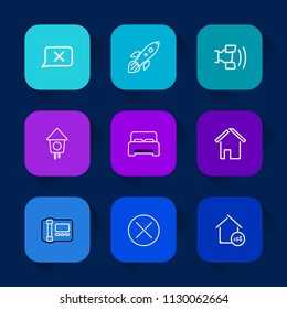 Modern, simple vector icon set on colorful long shadow backgrounds with business, house, property, phone, spaceship, chat, price, bedroom, sign, close, launch, shuttle, furniture, bed, box, web icons.