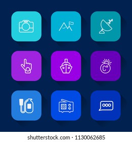 Modern, simple vector icon set on colorful long shadow backgrounds with lens, white, fahrenheit, finger, index, thermometer, video, sign, handle, satellite, antenna, fire, speech, dish, message icons.