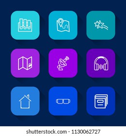 Modern, simple vector icon set on colorful long shadow backgrounds with world, gps, building, book, music, sparkle, road, test, global, medical, technology, chemical, architecture, sun, glasses icons.