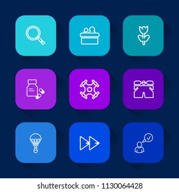 Modern, simple vector icon set on colorful long shadow backgrounds with medical, fashion, extreme, template, blossom, profile, sky, shorts, button, white, player, presentation, conference, wear icons.