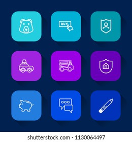 Modern, simple vector icon set on colorful long shadow backgrounds with vehicle, predator, animal, brown, wildlife, mammal, shield, speech, internet, dump, grizzly, coin, sign, house, bear, pen icons.