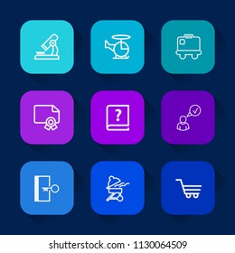 Modern, simple vector icon set on colorful long shadow backgrounds with transport, barbecue, certificate, award, research, cart, retail, microscope, transportation, chemistry, exit, baggage icons.