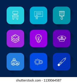 Modern, simple vector icon set on colorful long shadow backgrounds with business, sailor, pencil, paint, data, bag, bulb, suitcase, interior, diploma, electricity, success, achievement, honor icons.