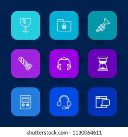 Modern, simple vector icon set on colorful long shadow backgrounds with sharp, danger, trumpet, musical, web, sound, folder, music, bugle, crack, vandalism, time, bomb, safety, glass, button icons.