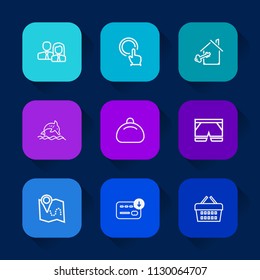 Modern, simple vector icon set on colorful long shadow backgrounds with press, wildlife, house, dolphin, staff, team, location, shop, group, key, fashion, property, finger, animal, pin, home icons.
