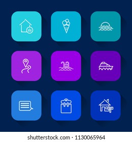 Modern, simple vector icon set on colorful long shadow backgrounds with route, building, sea, ice-cream, road, chocolate, strawberry, graph, vanilla, sunrise, investment, ice, growth, house icons.