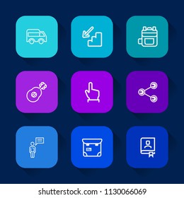 Modern, simple vector icon set on colorful long shadow backgrounds with finger, down, upstairs, communication, backpack, click, chat, contact, downstairs, left, phone, car, direction, rucksack icons.