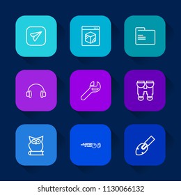 Modern, simple vector icon set on colorful long shadow backgrounds with animal, wrench, tool, logistic, travel, internet, vision, optical, strike, view, repair, email, folder, sound, business icons.