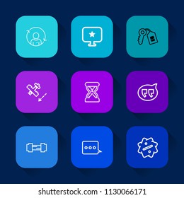Modern, simple vector icon set on colorful long shadow backgrounds with discount, travel, sand, clock, sale, sign, exercise, speech, report, unlock, sport, door, rotation, fitness, man, message icons.