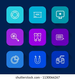 Modern, simple vector icon set on colorful long shadow backgrounds with swim, inflatable, science, find, holiday, message, web, black, pole, star, pie, button, travel, chalk, view, vision, ring icons.