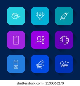 Modern, simple vector icon set on colorful long shadow backgrounds with call, sport, gramophone, transportation, hotel, success, prize, night, award, retro, package, travel, business, plan, win icons.