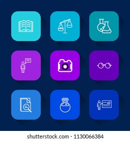 Modern, simple vector icon set on colorful long shadow backgrounds with optical, concept, eye, scale, paper, people, balance, white, business, weight, science, photography, measure, social, lab icons.