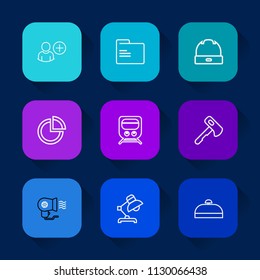 Modern, simple vector icon set on colorful long shadow backgrounds with tool, pie, account, add, construction, screwdriver, lamp, graph, fan, transport, train, chart, network, hair, railway icons.