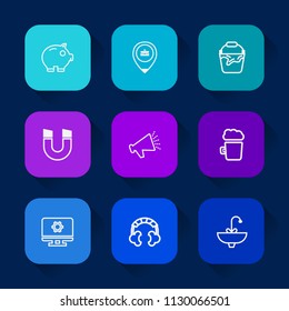 Modern, simple vector icon set on colorful long shadow backgrounds with pail, money, headset, magnetic, tap, audio, bar, container, economy, cash, voice, clean, faucet, sink, work, pub, bank icons.