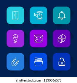 Modern, simple vector icon set on colorful long shadow backgrounds with open, unlock, person, graph, map, science, notification, field, interior, cupboard, business, decorative, professional icons.