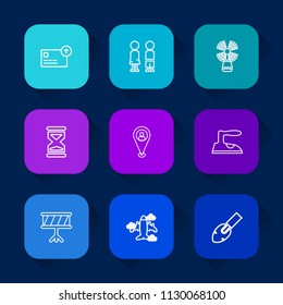 Modern, simple vector icon set on colorful long shadow backgrounds with housework, together, hour, location, travel, instrument, sea, drum, cash, people, business, plane, pin, boy, finance, map icons.