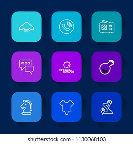 Modern, simple vector icon set on colorful long shadow backgrounds with parachute, speech, tool, bubble, strategy, equipment, extreme, horse, map, navigation, medicine, technology, morning, fly icons.