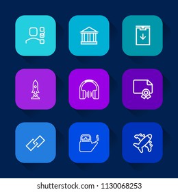 Modern, simple vector icon set on colorful long shadow backgrounds with europe, kettle, steam, water, business, notebook, kitchen, task, craft, plan, spaceship, office, download, sky, rocket icons.