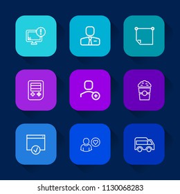 Modern, simple vector icon set on colorful long shadow backgrounds with cafe, sticky, account, shop, computer, employee, recruitment, paper, direction, move, desktop, man, internet, web, note icons.
