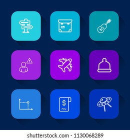 Modern, simple vector icon set on colorful long shadow backgrounds with head, passport, alarm, pretty, people, flight, spacecraft, professional, handle, fashion, concert, spaceship, airplane icons.