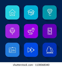Modern, simple vector icon set on colorful long shadow backgrounds with name, home, tree, architecture, technology, id, voice, navigation, estate, building, route, rewind, environment, carton icons.