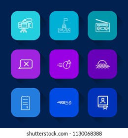 Modern, simple vector icon set on colorful long shadow backgrounds with morning, financial, chat, movie, camera, contact, old, bill, building, architecture, television, man, business, record icons.