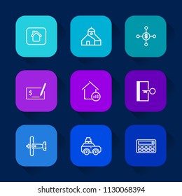 Modern, simple vector icon set on colorful long shadow backgrounds with airplane, write, currency, business, sign, suitcase, architecture, real, property, car, door, industrial, travel, modern icons.