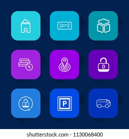 Modern, simple vector icon set on colorful long shadow backgrounds with ticket, paper, radius, coin, move, bus, sign, security, cycle, car, cube, unlock, road, entertainment, open, money, left icons.