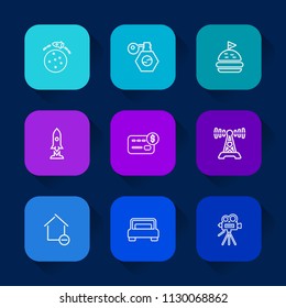 Modern, simple vector icon set on colorful long shadow backgrounds with meal, music, space, bed, apartment, communication, furniture, bank, science, radio, technology, sandwich, tomato, house icons.