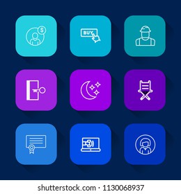 Modern, simple vector icon set on colorful long shadow backgrounds with template, professional, communication, construction, call, lady, exit, furniture, certificate, accounting, sky, moon, web icons.