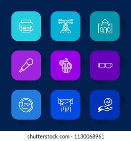Modern, simple vector icon set on colorful long shadow backgrounds with technology, karaoke, computer, mic, building, grenade, communication, war, broadcast, military, finance, envelope, music icons.