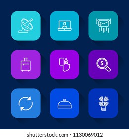 Modern, simple vector icon set on colorful long shadow backgrounds with communication, lighter, sea, concept, equipment, envelope, travel, letter, dish, seamark, call, internet, luggage, radio icons.