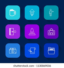 Modern, simple vector icon set on colorful long shadow backgrounds with blank, building, cup, paper, document, door, business, house, espresso, office, sign, exit, castle, beverage, box, money icons.
