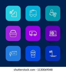 Modern, simple vector icon set on colorful long shadow backgrounds with bag, ambulance, luggage, web, airport, journey, white, stairs, park, tourism, terminal, internet, summer, food, medical icons.