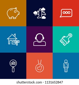 Modern, simple vector icon set on colorful flat backgrounds with communication, fly, mortgage, aircraft, search, , house, bubble, economy, support, fashion, team, cash, message, currency, rent icons