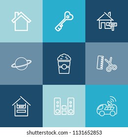 Modern, simple vector icon set on colorful blue backgrounds with coffee, hairdresser, audio, door, house, property, cafe, key, food, orbit, cart, lock, vehicle, safe, home, astronomy, sign, cell icons