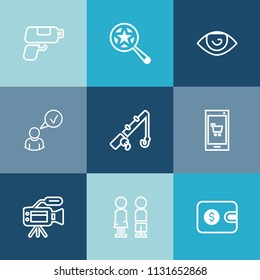 Modern, simple vector icon set on colorful blue backgrounds with gun, sign, find, rod, lens, concept, eye, finance, game, reel, mobile, microphone, fish, phone, tripod, money, web, standing, boy icons