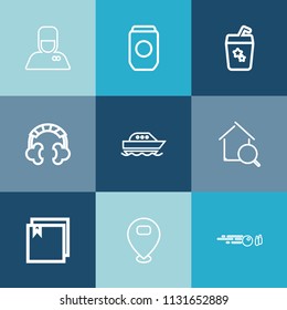 Modern, simple vector icon set on colorful blue backgrounds with strike, headset, search, cocktail, tin, online, water, glass, sign, luggage, can, hit, sport, metal, map, bellboy, service, man icons