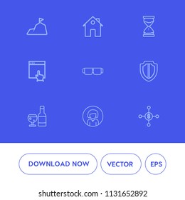 Modern, simple vector icon set on blue background with time, glass, top, sky, shield, hourglass, chain, dollar, security, nature, house, lady, click, wine, real, property, estate, internet, hour icons