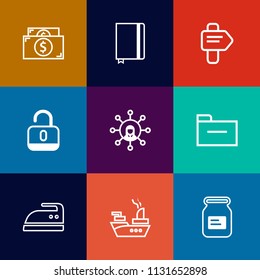 Modern, simple vector icon set on colorful flat backgrounds with protection, tin, money, way, military, aluminum, ironing, sea, ship, container, display, paper, direction, war, currency, unlock icons