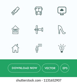 Modern, simple vector icon set on white background with idea, concept, transport, chat, home, saw, customer, speed, internet, house, cart, person, urban, building, shoe, store, equipment, war icons