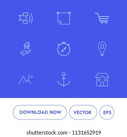 Modern, simple vector icon set on blue background with shop, sticky, business, technology, rudder, phone, location, smartphone, stick, pin, trolley, direction, retail, rent, house, office, ship icons